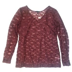 Sofia Vergara Wine Long Sleeve Lace Shirt Boat or V-neck Collar Size Medium NWT
